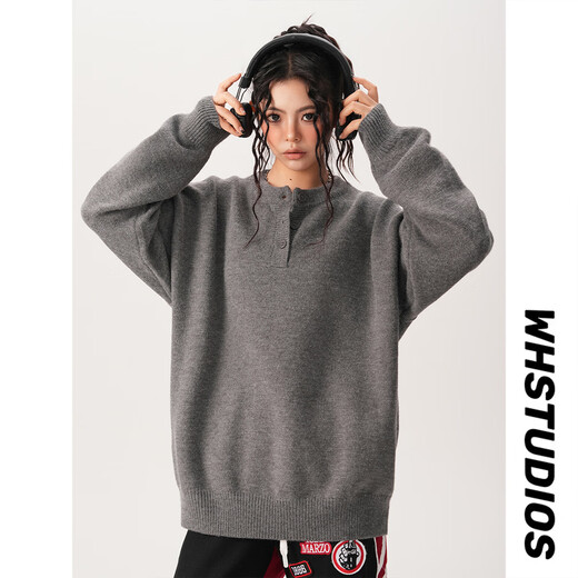 QGF American retro Henry neck sweater for women and men in autumn and winter new cleanfit loose lazy style round neck sweater dark gray XL recommended 125-145Jin Jin equals 0.5 kg