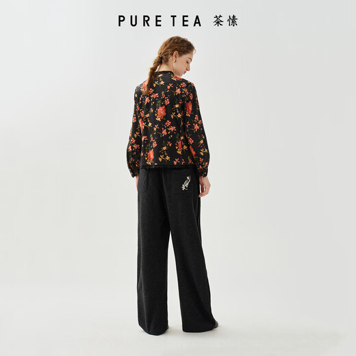 PURE TEA puretea tea printed corduroy shirt women's stand-up collar puff sleeves 2025 winter new style graphite black S