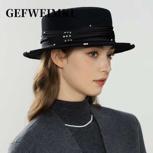 GEFWEIMKL French Pearl Bow Flat Top Women's Hat Autumn and Winter New Merino Wool Felt Hat Hepburn Style Hat Women Light Gray One Size (56-58cm)