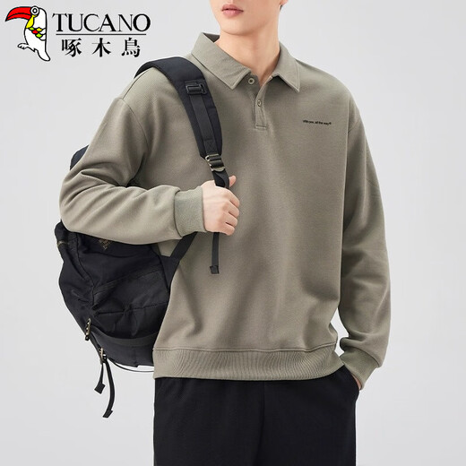 Woodpecker (TUCANO) POLO shirt sweatshirt men's spring and autumn loose top 2025 new autumn collared men's long-sleeved T-shirt bottoming shirt gray green 2XL 140-160Jin Jin equals 0.5 kg