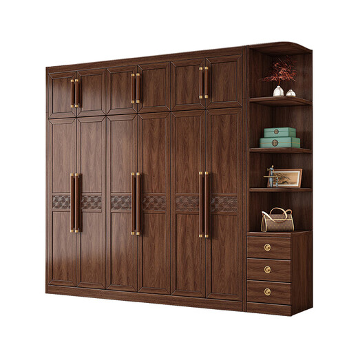 Caibaimu Wardrobe New Chinese Solid Wood Wardrobe with Side Cabinet Black Walnut Wardrobe Bedroom Household Clothes Storage Hanging Wardrobe Five-Door Wardrobe Assembly