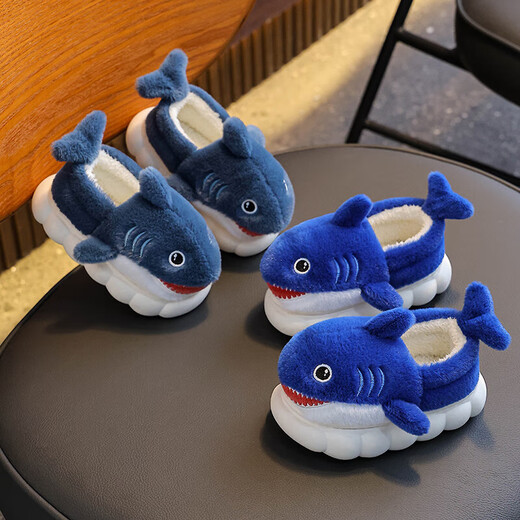 Winter children's cotton shoes, boy's shark bag heel, warm and furry, cute girl's home baby anti-slip cotton slippers, upgraded version of environmentally friendly material blue (heel bag), size 12 34/35 (shoe inner length 20CM, suitable for feet 19