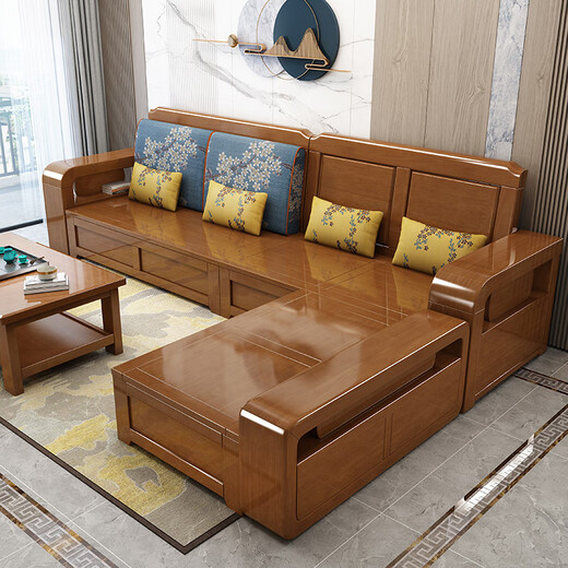 Muyouting solid wood sofa for winter and summer use solid wood modern Chinese style small apartment living room with storage rural wood sofa combination 1+2+3+coffee table+2 square tables+TV cabinet