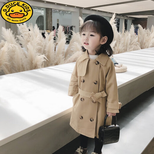 G.DUCKKIDS Girls' Jacket Spring and Autumn Children's Double-breasted Casual Jacket Top Mid-Length Trendy Coat Children's Windbreaker Khaki 110 Recommended Height 100-105cm Age 4-5