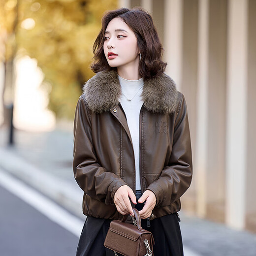 Bailanjiao velvet thickened leather jacket for women 2025 new winter style small fashion versatile PU leather cotton jacket top coffee color + coffee fur collar M (recommended 80-110Jin Jin equals 0.5 kg)