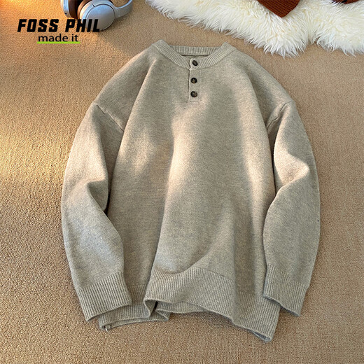 Foss Phil American solid color Henry collar sweater men's winter loose casual sweater top Q7142 black XL