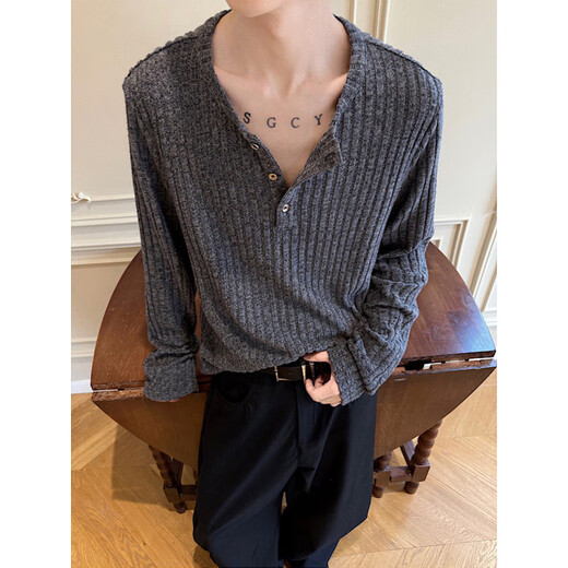 XUANSENTU old money style Henry collar sweater for men and women, autumn shoulder gray long-sleeved T-shirt, loose bottoming sweater, beige, upgraded version M