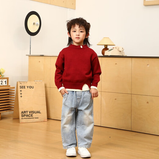 Little Bear Elf (xiaoxiongjingling) parent-child outfit family portrait red sweater New Year autumn and winter new style mother-daughter outfit for a family of three or four fake two-piece knitted sweater burgundy single sweater 110 children's size 110 (recommended height 105-115cm)
