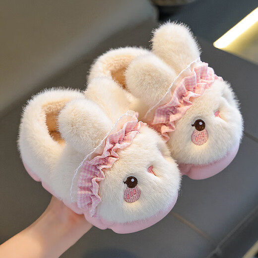 Rabbit Children's Cotton Slippers for Boys Winter Cartoon Cute Non-Slip Indoor Bathing Soft Soled Baby Slippers Pink (Heel Included) 12 Size 32/33 (Shoe Inner Length 19CM Suitable for Foot Length 18