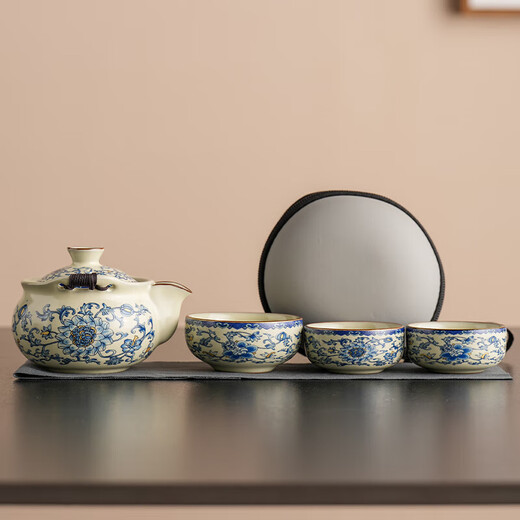 Blue and White Ru Kiln Handheld Pot Travel Tea Set One Pot Three Cups Single Outdoor Portable Anti-scalding Quick Cup Ru Kiln Huang Fanhua-One Pot Three Cups + Round Ash Bag