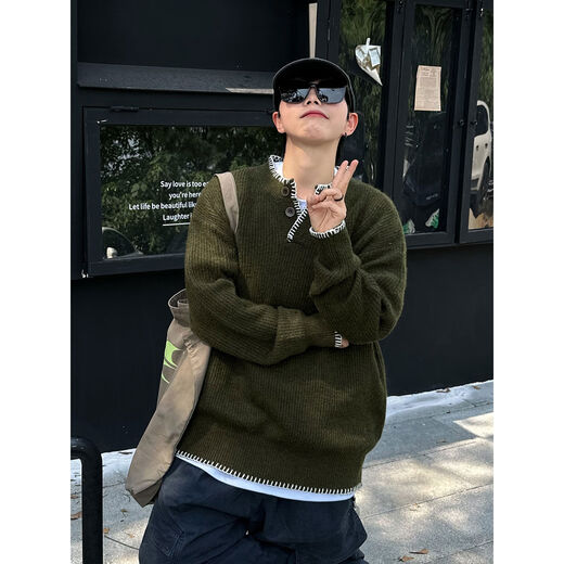 XBRO American retro vintage spring and autumn wool blended lazy Henry collar sweater pullover sweater for men and women dark green G076 wool sweater in stock M M loose and too large