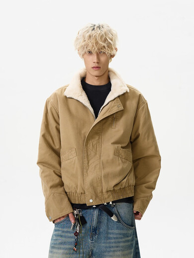 OEMG American retro aviator cotton jacket men's autumn and winter fashion brand top jacket short work clothes plus fleece jacket Khaki 2XL recommended 130-150Jin Jin equals 0.5 kg