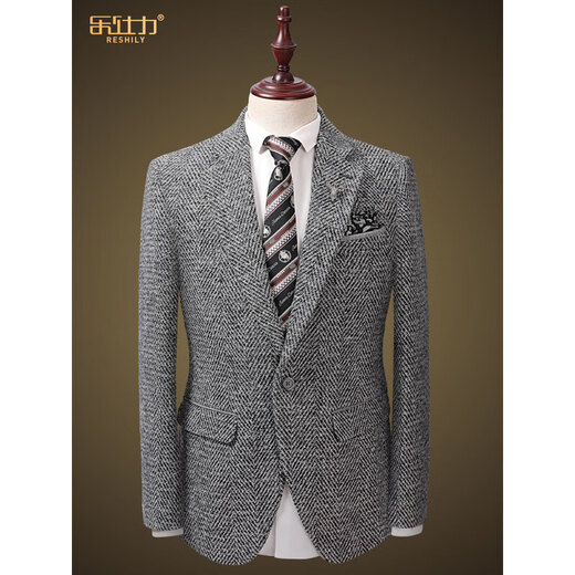 RESHILY gray wool suit for men, autumn and winter thickened slim business dress, high-end woolen professional formal wear, wool floral gray 2-piece set, jacket + trousers L (50) /175A, default size 32 pants