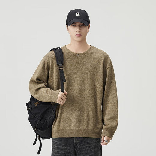 LUMILOTUS light luxury new brand single button Henry collar American warm sweater for men 2025 new autumn and winter casual soft floral gray S suitable for 95-110Jin Jin equals 0.5 kg