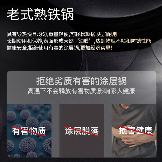 Old-fashioned iron pot, household uncoated wok, commercial chef's special open pot, wrought iron round bottom gas stove pot cover set, 30CM roasted blue pot