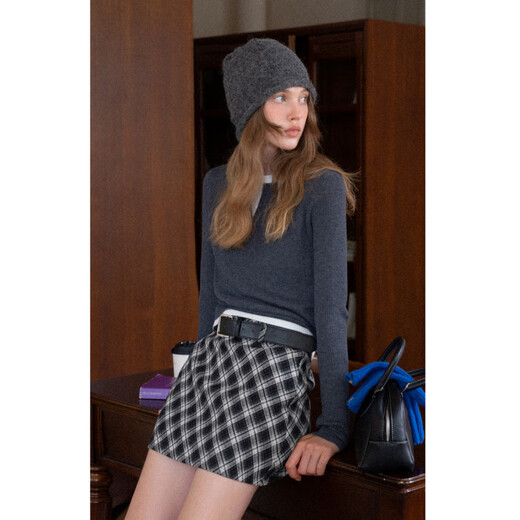 EGGKA Korean high-waist A-line plaid woolen skirt retro arm-wrap versatile short skirt E25B30166AF black S