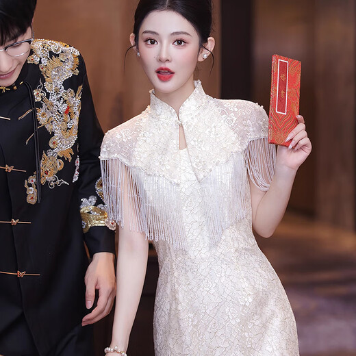 Wenmi Engagement Wear Couple New Chinese Style Cheongsam Bridal Wedding Dress Engagement 2025 New Small Toast Wear Back Door Shawl Champagne Cheongsam S