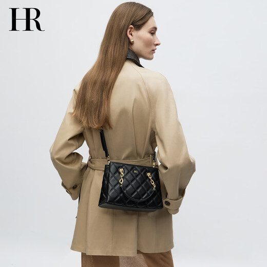 HR Helena Bag Women's Bag Simple Fashionable Handbag Women's Head-Layer Cowhide Diamond Single Shoulder Crossbody Bag Birthday Gift Black + Gift Box Packaging