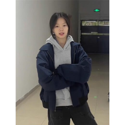 Xiaohongshu American fashion brand navy blue cardigan jacket for women spring and autumn design couple niche chic baseball uniform navy M