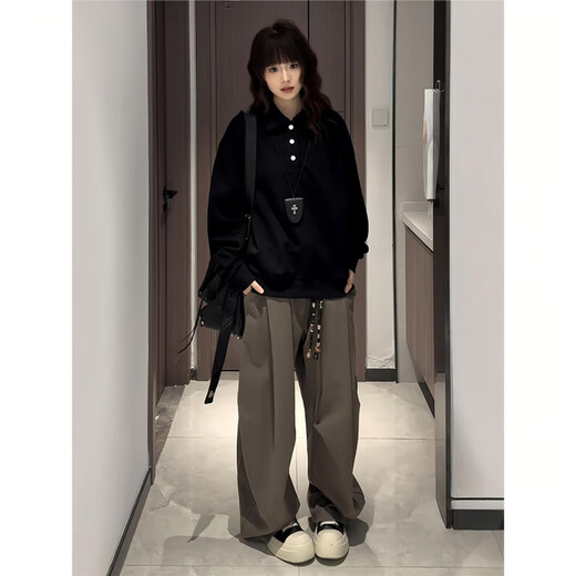 Wu Yinan cleanfit black henley collar shoulder sweatshirt for men and women long-sleeved polo shirt American heavyweight inner layering shirt black upgraded model black upgraded model M