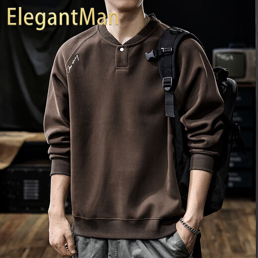 ElegantMan American retro heavyweight double-sided cotton sweatshirt for men 2025 autumn new loose Henry collar long-sleeved shirt for men dark brown M _suitable_-125Jin Jin is equal to 0.5 kg
