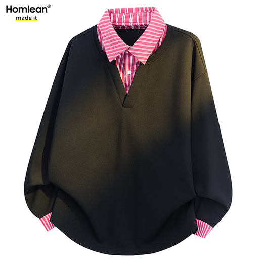 Homlean retro fake two-piece spliced ​​lapel pullover sweatshirt for men spring fashion brand loose casual HX12 gray M