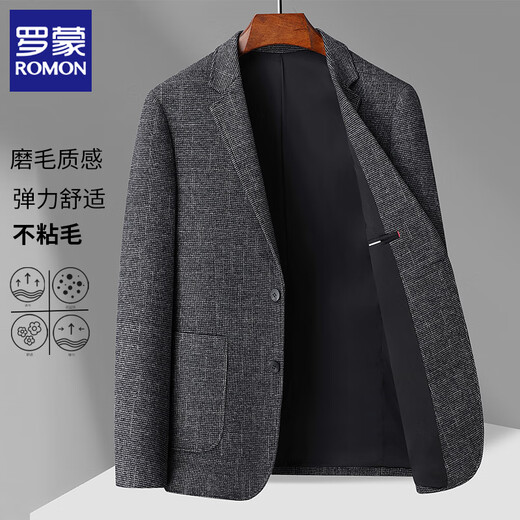 ROMON含羊毛西装外套男士2025秋季新款商务休闲西服中年爸爸上衣单件 603灰色 格纹(含羊毛） 3XL 建议170-185斤