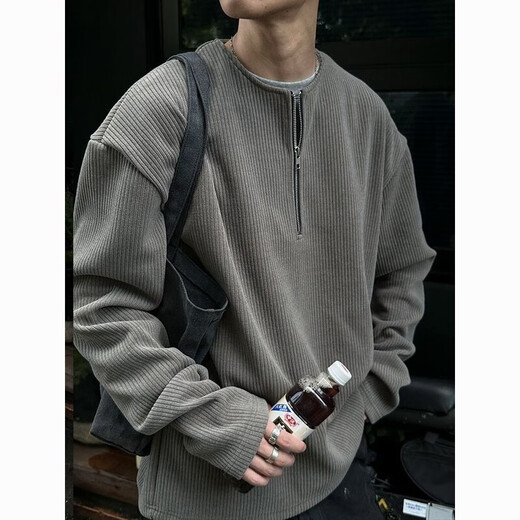 Midele wool cardigan men's zipper jacket autumn 2025 Henry collar European pit texture fabric half-zip sweatshirt men's spring dark gray M 90-120Jin Jin equals 0.5 kg