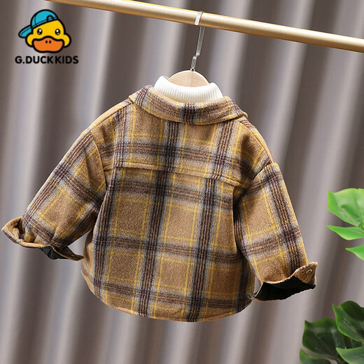 G.duck little yellow duck children's quilted thickened plaid shirt for boys and girls 2025 autumn and winter baby warm jacket children's brown 90 cm