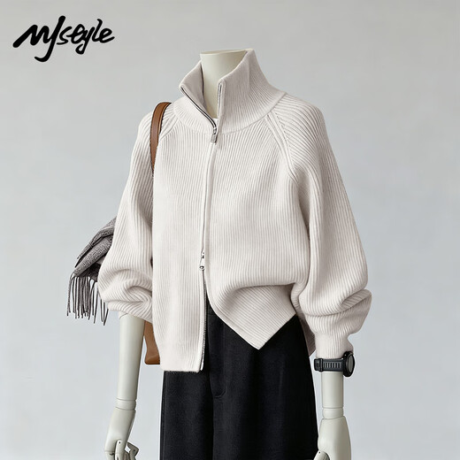 MJ STYLE stand-up collar cardigan sweater for women 2026 winter thickened warm and comfortable double-ended zipper loose versatile jacket top