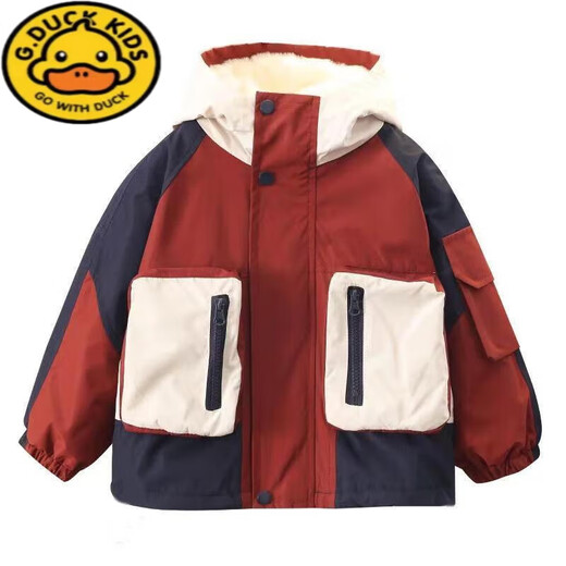 G.DUCKKIDS Boys Korean Style Jacket Plus Velvet Thickened Jacket Spring Autumn Winter 2025 New Trendy Baby Pie Jacket Cotton Jacket Red Spliced Cotton Jacket 130 Recommended height 120 cm