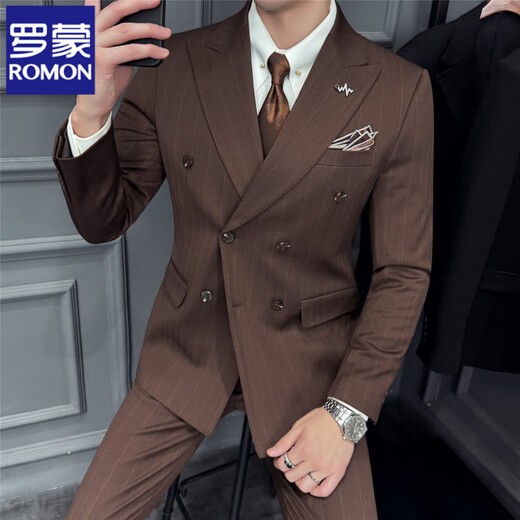 ROMON double-breasted striped woolen suit suit for men, high-end, handsome, business casual, British woolen suit jacket, brown (three-piece set), free tie XL