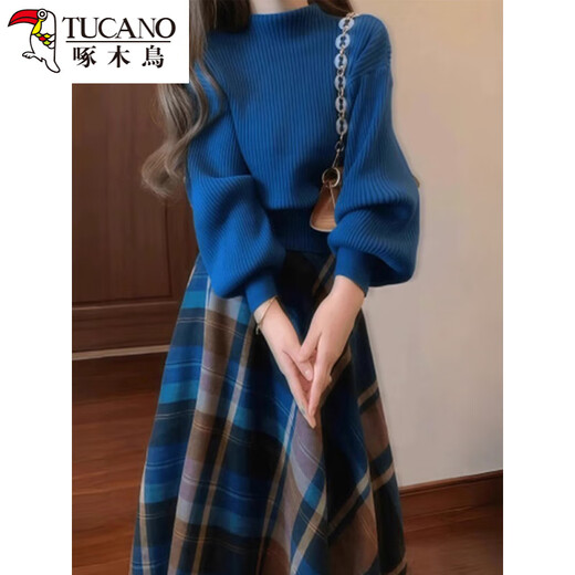 Woodpecker 2025 New Klein Blue Knitted Suit Dress Women's Autumn and Winter Plaid Long Skirt Wear Early Autumn Outfit Sweater + Skirt Suit 2025 Spring New Women's Clothing/2025 M 45/55kg Quick Release