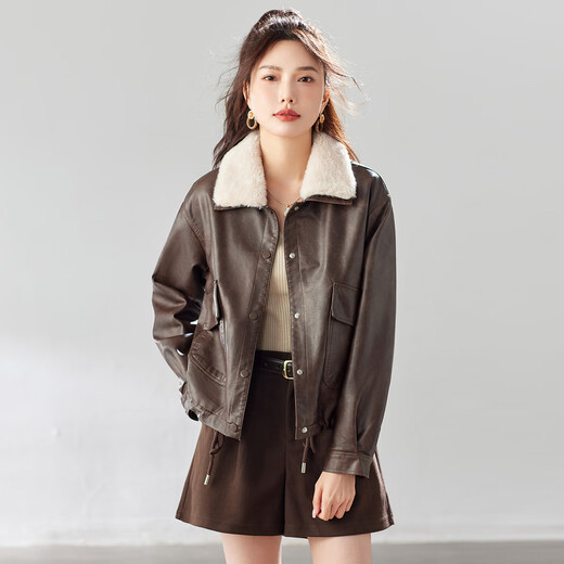 TERRE BLEUE Small velvet thickened leather jacket for women 2025 winter fashion high-end loose versatile jacket coffee color M