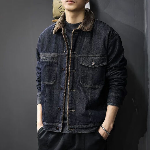 2025 winter velvet warm sherpa denim jacket men's American retro washed work jacket lapel cotton coat blue black velvet original high quality L recommended 110-125Jin Jin equals 0.5 kg