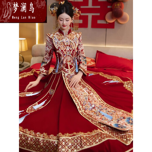 梦澜鸟凤冠霞帔嫁衣全套秀禾服婚服大码胖MM新娘结婚感中式婚纱龙凤褂女 兰庭 S