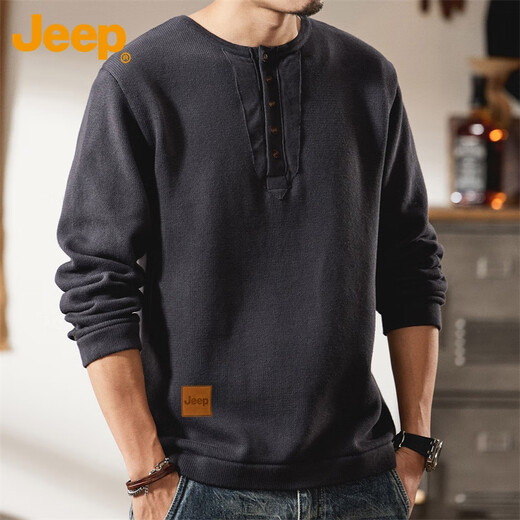 JEEP Jeep Sweater Men's Knitted Bottoming Shirt 2024 Winter Casual Henley Collar Heavy Long Sleeve T-Shirt Men's Spring 2319 Blue Gray Jeep Official S_70-89Jin Jin is equal to 0.5 kg