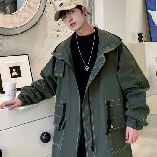 JEEP SPIRIT Jeep windbreaker jacket men's mid-length British coat hooded Korean style casual jacket black M