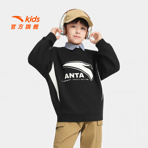 ANTA Children's Sweater Men's Big Children's Wear 2025 Winter New Arrival Plus Velvet Simple Versatile Long Sleeve Pullover Store Manager Recommendation Basic Black-5 150 cm