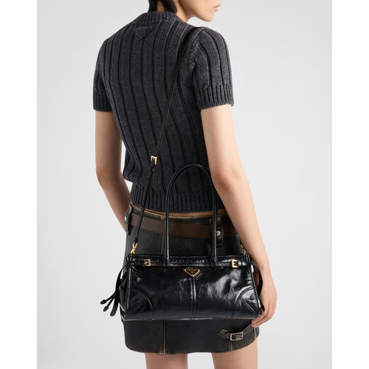 PRADA Bonnie women's black calfskin metal triangle logo handbag 1BA426_2CYR_F0002_V_MOO 1BA426_2CYR_F0002_V_MOO