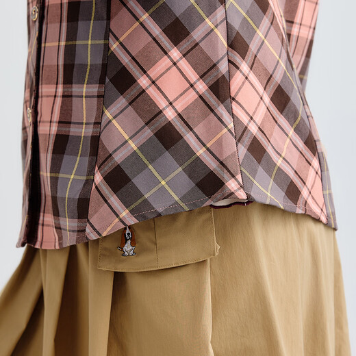 Hush Puppies children's clothing for children and older children 2025 autumn new casual comfortable soft classic college plaid long-sleeved shirt light pink 160 cm