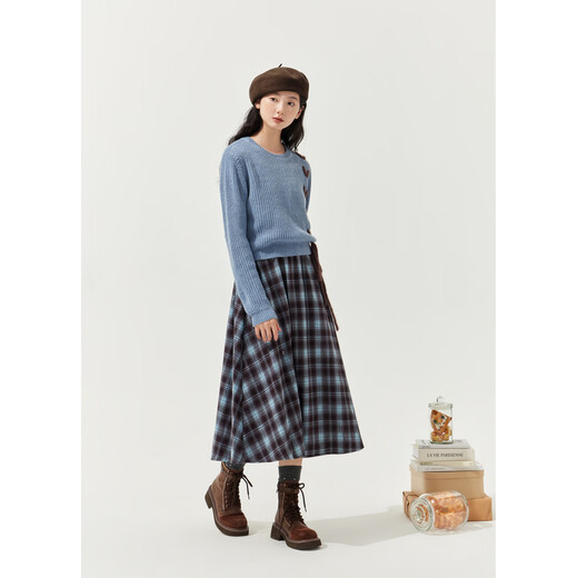 Zihan (ZIHAN) Zihan blue plaid suspender dress wool pullover sweater two-piece suit for women 2025 winter new style blue plaid M