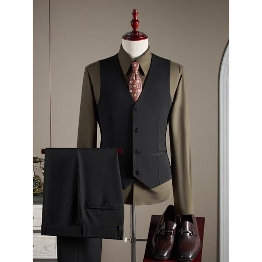 
SAINT ANGELO 2025 autumn suit men groom wedding dress business casual work professional small suit men two buckles - light gray vest three-piece set for tie XL 52