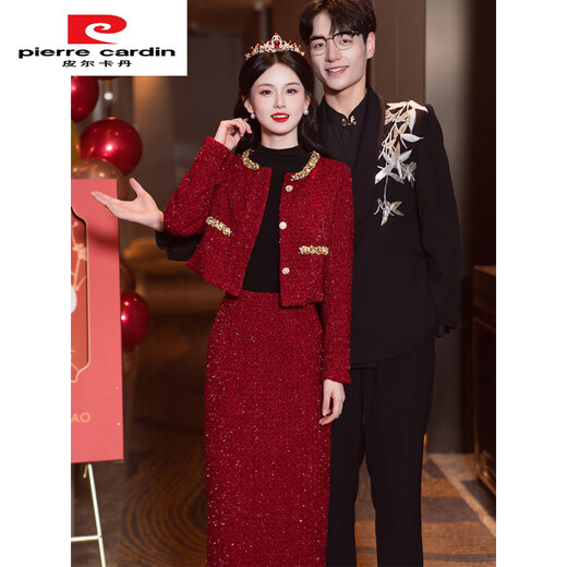 Pierre Cardin (Pierre Cardin) small fragrant style jacket, engagement dress, wedding toast dress, bridal suit, red door-to-door dress, autumn and winter long sleeves, burgundy XS