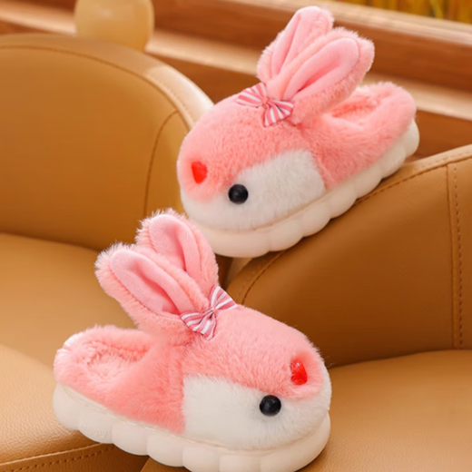 Tianmiaomiao girls' cotton slippers for autumn and winter, cute three-dimensional rabbit plush home shoes for children, thickened warm anti-slip slippers for girls, cute warm cotton slippers for girls, pink rabbit, size 30-31, inner length about 19cm/suitable for 5-7 years old