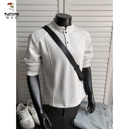 Woodpecker (TUCANO) gray Henry collar long-sleeved T-shirt for men 2025 new casual loose POLO shirt youth cleanfit sweatshirt black XL