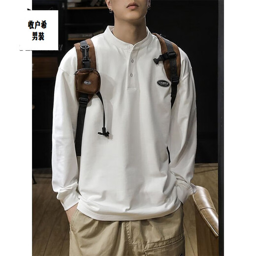 Jiaojing autumn and winter simple heavy henley collar long-sleeved t-shirt men's spring and autumn loose large size sweatshirt American bottoming polo shirt trendy white cotton material L recommended 120-135Jin Jin equals 0.5 kg