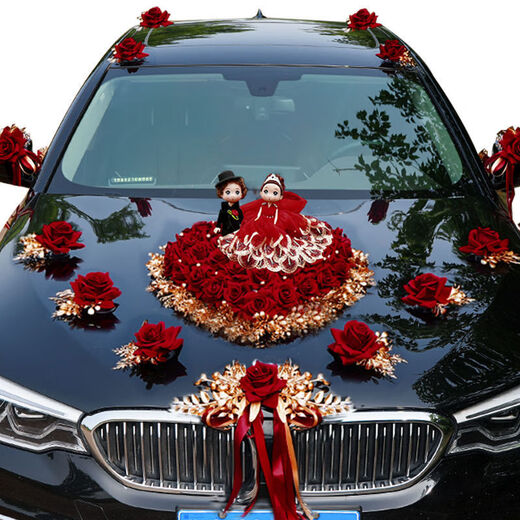 Yusenyi Wedding Car Decoration Full Set Front Flower Bridal Wedding Arrangement Creative Red Simulation Flower Fleet Red Wedding Dress Doll Front Flower Package Suction Cup