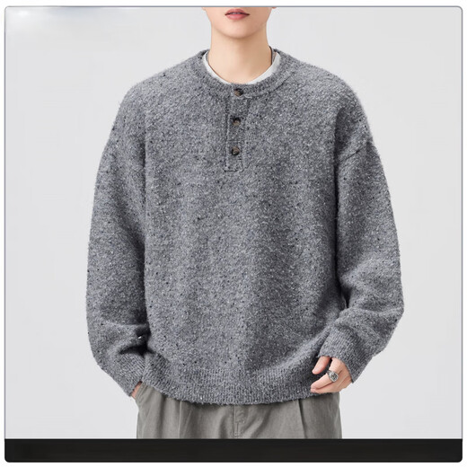 Pure (YISHion) lazy style Henry collar sweater for men 2025 autumn and winter loose casual sheep wool sweater gray button-up sweater 8112 floral gray M 90-120Jin Jin is equal to 0.5 kg