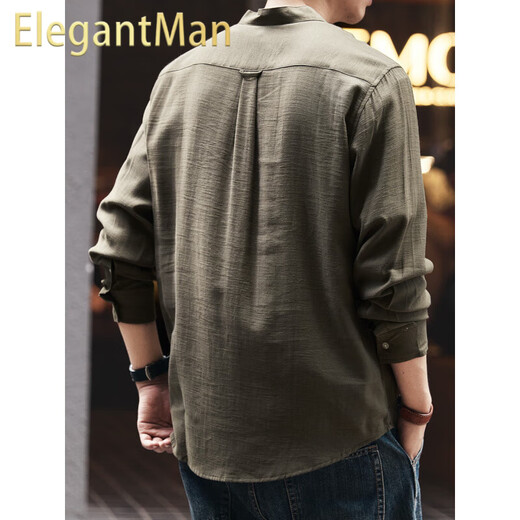 ElegantMan high-end vintage linen blended men's long-sleeved shirt autumn new Chinese Henry collar shirt Green M _Suitable for 110-130Jin Jin equals 0.5kg